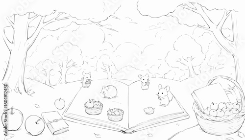 Charming scene of cute animals around an open book in a forest setting, illustrated in line art for coloring
