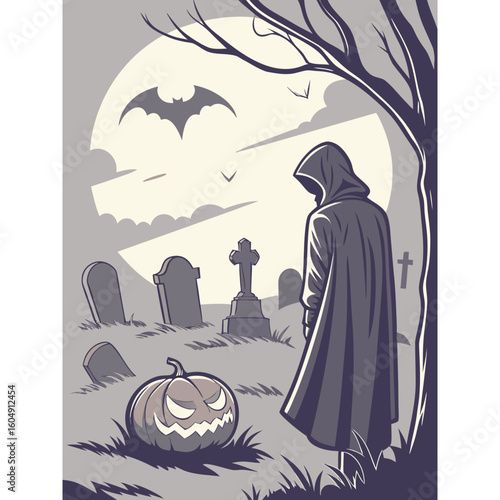 A hooded figure stands solemnly in a graveyard at night, a carved pumpkin rests nearby under a full moon.