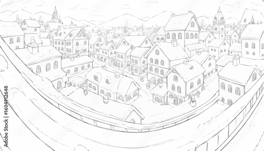 Fototapeta premium Charming line art of a snowy village scene with houses and mountains for coloring 