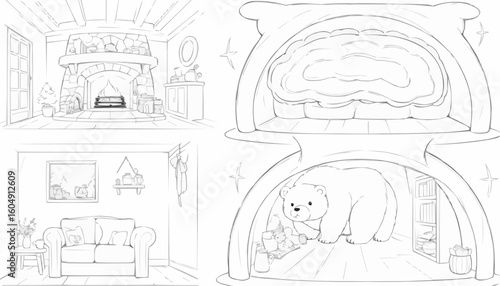 Cozy scenes of a bear's den with a fireplace and living area for coloring