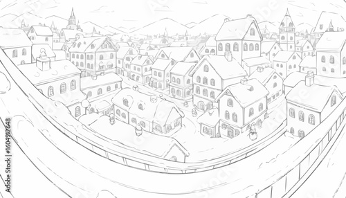 Charming line art of a snowy village scene with houses and mountains for coloring
