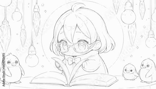 Whimsical line art of a child reading a book surrounded by cute characters for coloring
