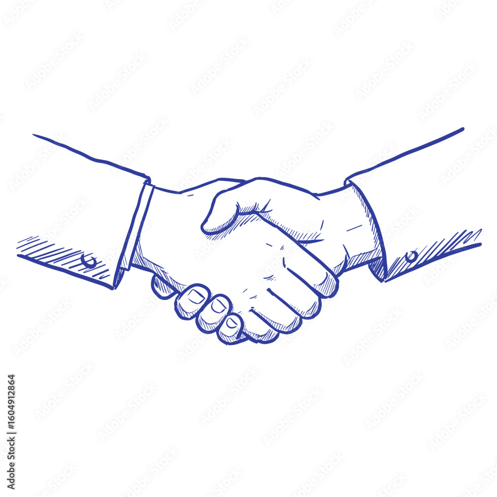 Fototapeta premium Blue doodle handshake, hand-drawn sketch on white background for stylish design