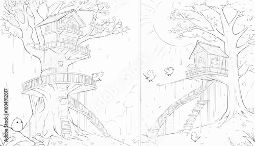 Charming line art of treehouses in two different settings: rainy and sunny for coloring
