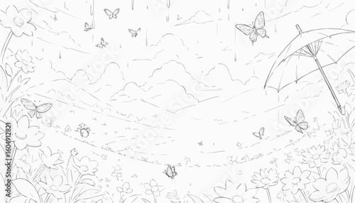 Whimsical line art of a flower-filled meadow with butterflies and an umbrella for coloring
