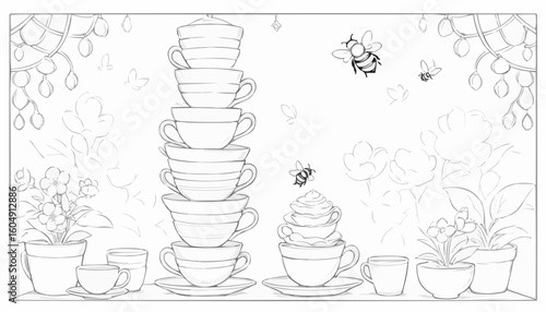 Whimsical line art of stacked teacups with flowers and buzzing bees for coloring