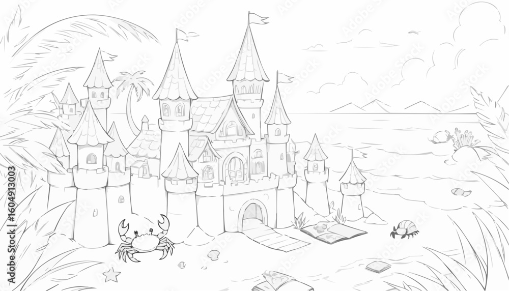 Naklejka premium Coloring page of a sandcastle on the beach with crabs and waves