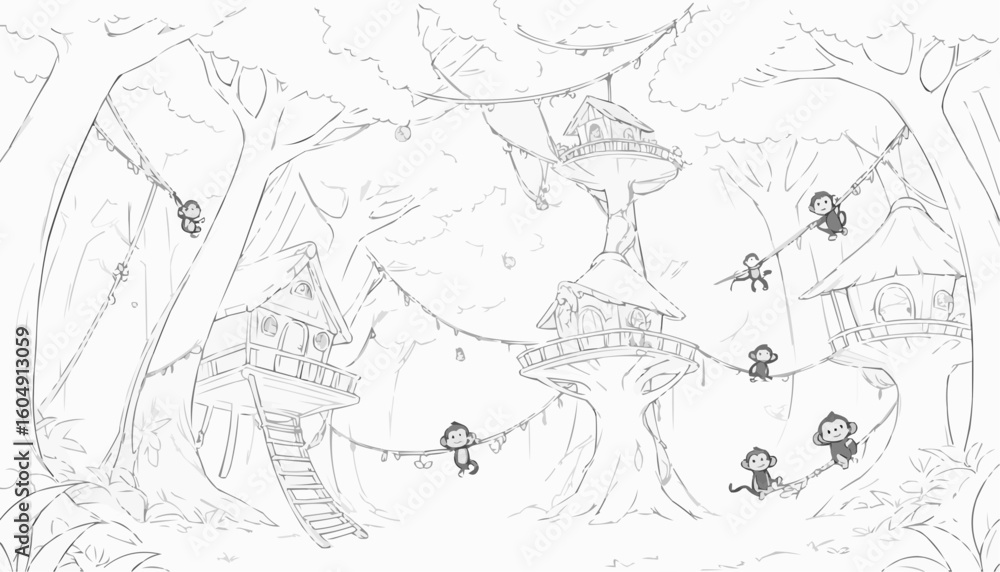 Naklejka premium Playful monkeys swinging between treehouses in a vibrant jungle filled with greenery