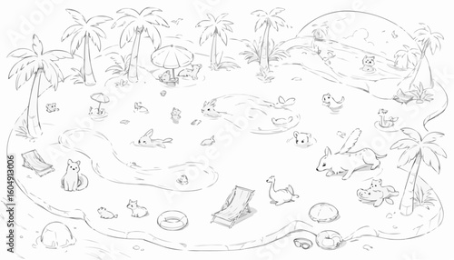 Coloring page of a tropical beach scene with animals enjoying the sun