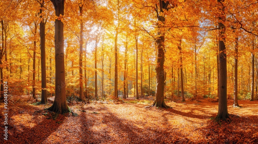 Fototapeta premium The enchanting autumn forest glowing with vibrant golden leaves and sunlight.