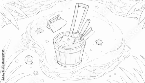 Coloring page of a beach bucket filled with sand tools and toys
