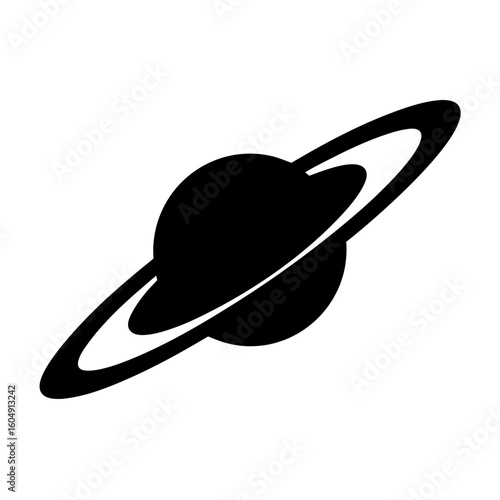 Simple black and white cartoon of a planet with rings around it