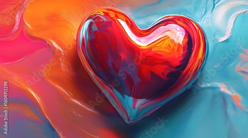 A vibrant abstract photo of a glossy heart shape on an expressive, colorful background.