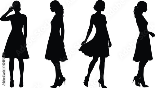 Silhouettes of fashionable women in dresses, high heels, side view poses, elegant black vector illustration, stylish modern outfit display
