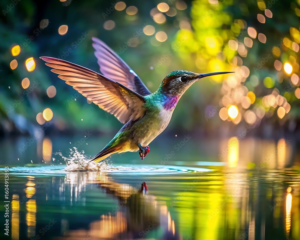 Fototapeta premium A hummingbird hovering over water with wings outstretched