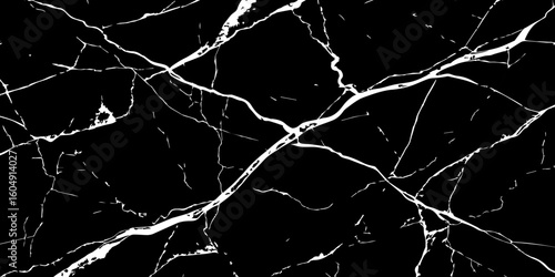 A striking, high-contrast image featuring bold white cracks and veins against a deep, dark, almost obsidian-like background, reminiscent of natural black marble or a shattered surface.