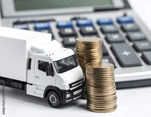 Miniature white truck and coins beside calculator