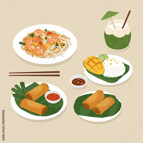 Assorted thai dishes: pad thai, spring rolls, mango sticky rice, and coconut drink on transparent background