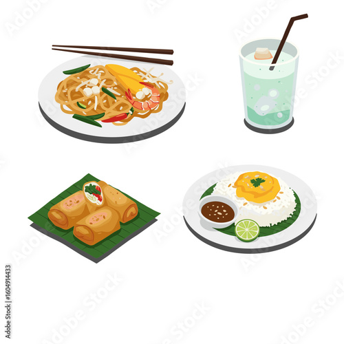Assortment of thai dishes: pad thai, spring rolls, rice with egg, and a drink on transparent background