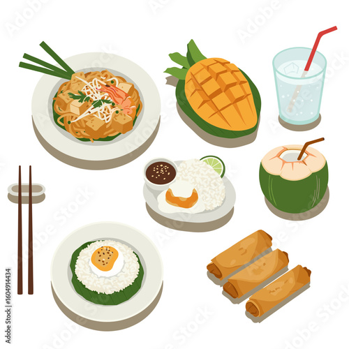 Assortment of thai dishes: pad thai, mango, rice, and spring rolls on transparent background