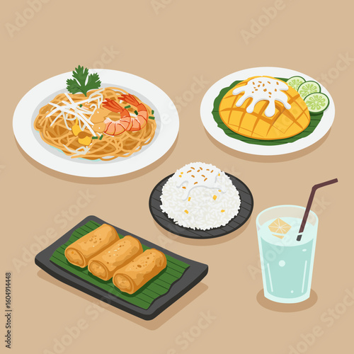 Illustration of pad thai, mango sticky rice, spring rolls, rice, and a drink on transparent background