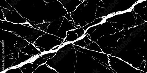 A striking, high-contrast image featuring bold white cracks and veins against a deep, dark, almost obsidian-like background, reminiscent of natural black marble or a shattered surface.