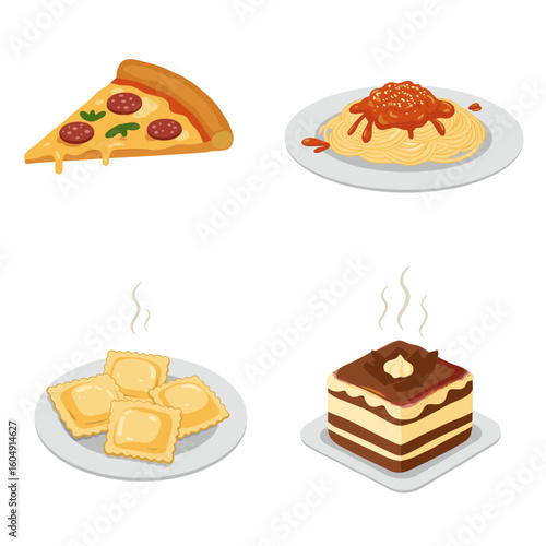 Four plates with pizza slice, spaghetti, ravioli and chocolate cake on transparent background