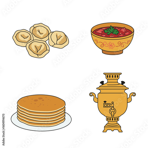 Cartoon illustration of traditional russian food and drink on transparent background