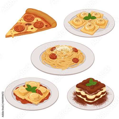 Assortment of italian dishes: pizza, ravioli, spaghetti, and tiramisu on transparent background