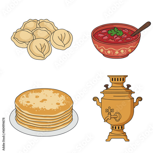 Illustration of pelmeni, borscht, pancakes, and a samovar on transparent background