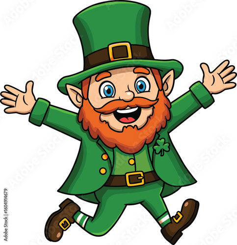 Leprechaun cad drawing flat vector illustration, cartoon-style Irish character in green suit jumping cheerfully with hat, gold accents, festive gesture