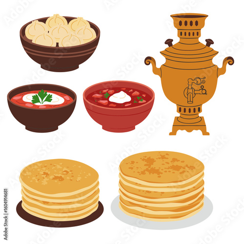 Illustration of russian cuisine: soups, dumplings, pancakes, and a samovar on transparent background