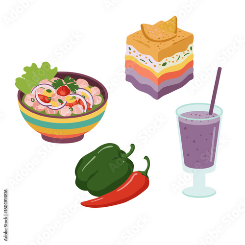 Illustration of ceviche, causa, peppers, and a smoothie on transparent background