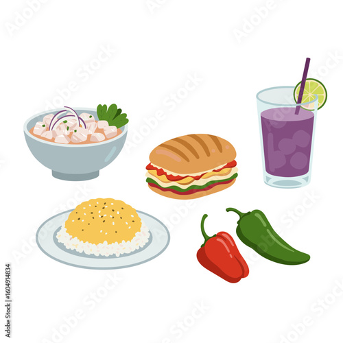 Illustration of ceviche, sandwich, rice, purple drink, and peppers on transparent background