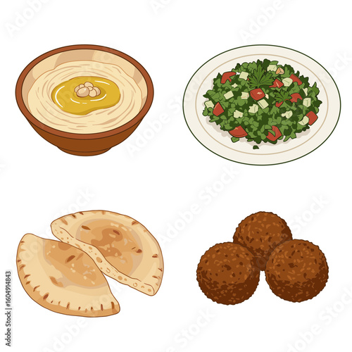 Hummus, tabbouleh, flatbread, and falafel illustration on transparent background