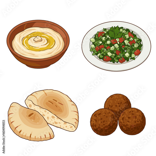 Hummus, salad, pita bread, and falafel arrangement on transparent background