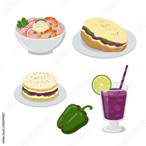 Assortment of food items: ceviche, sandwiches, green pepper, and purple drink on transparent background