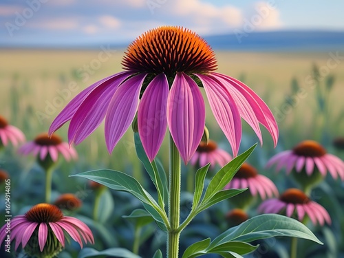 Purple coneflower field sunset.