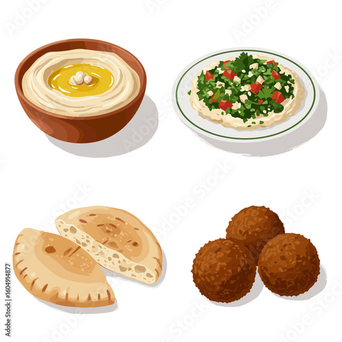 Hummus, tabbouleh, pita bread, and falafel on transparent background