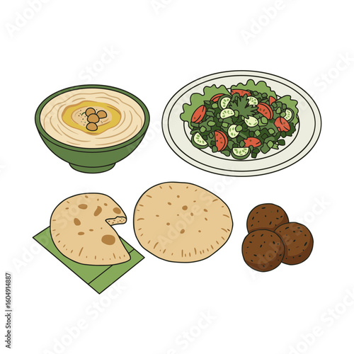 Hummus, salad, pita bread, and falafel on transparent background