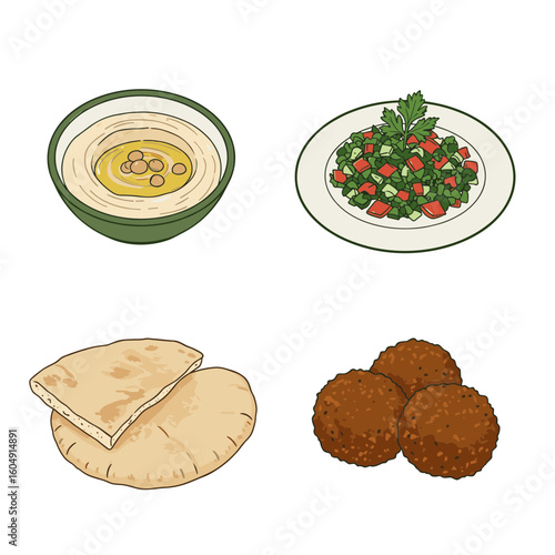 Illustration of hummus, tabbouleh, pita bread, and falafel on transparent background