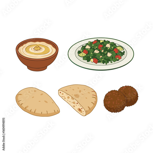 Hummus, salad, pita bread, and falafel illustration on transparent background