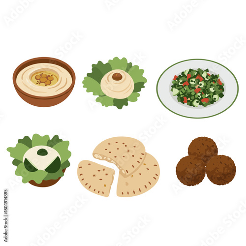 Illustration of middle eastern food: hummus, labneh, salad, pita, and falafel on transparent background