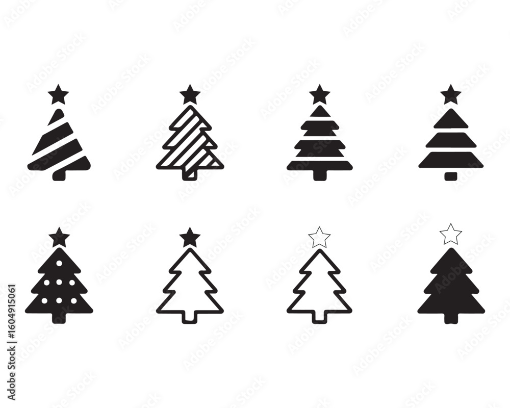 Obraz premium Black and white Christmas tree icons with star toppers