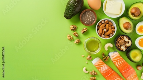 Keto diet concept - salmon, avocado, eggs, nuts and seeds, bright green background, top view