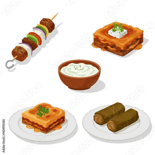 Assortment of middle eastern dishes: kebab, baklava, dolma, and yogurt dip on transparent background