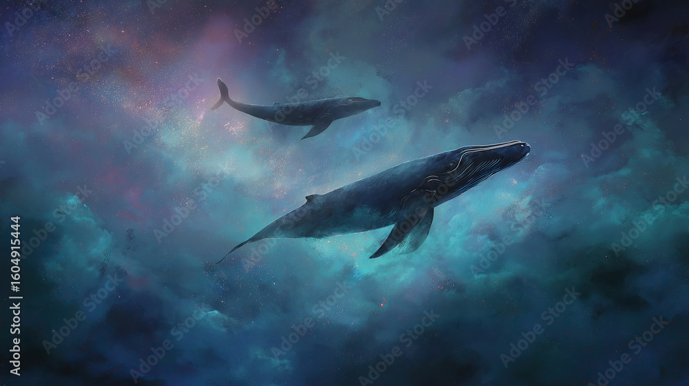 Naklejka premium Celestial whales swimming through a galaxy sky, magical realism