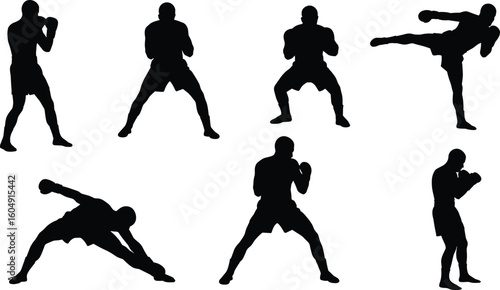 Silhouettes of martial artists in various combat poses, boxing, kickboxing, fitness action, dynamic movement, training, self-defense, vector illustration