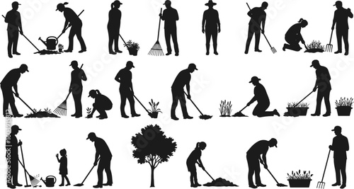 Silhouettes of people gardening, using tools, planting trees, watering plants, outdoor work, raking leaves, soil digging, lifestyle, black graphic