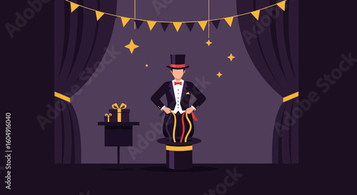 A Magician On Stage Performing An Act With Ribbons And Decorated Setup
